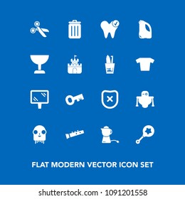 Modern, simple vector icon set on blue background with drink, toy, glass, music, key, protection, child, sound, can, recycling, closed, tea, futuristic, garbage, search, health, dental, healthy icons