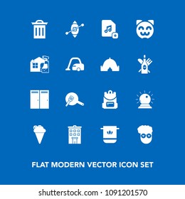 Modern, simple vector icon set on blue background with trash, style, home, graphic, magic, house, box, business, recycle, real, sweet, school, cooking, estate, retro, door, ice, bag, music, add icons