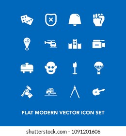 Modern, simple vector icon set on blue background with guitar, builder, tool, musical, holder, fiction, sign, home, music, bottle, boiler, monster, notification, closed, dice, equipment, divider icons