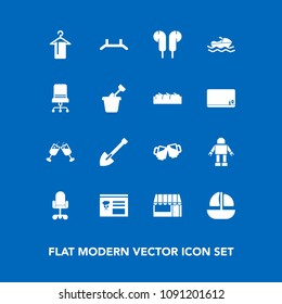 Modern, simple vector icon set on blue background with pull, shovel, chair, market, summer, machine, wine, red, menu, food, sand, furniture, sea, grocery, child, ocean, pub, audio, alcohol, beer icons