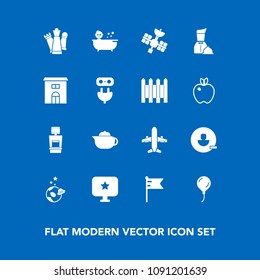 Modern, simple vector icon set on blue background with game, birthday, tea, astronaut, chess, child, teapot, kid, breakfast, science, travel, baby, shower, user, computer, decoration, real, sign icons