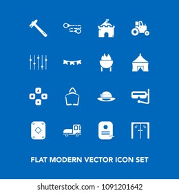 Modern, simple vector icon set on blue background with equality, spanner, happy, medieval, hammer, entrance, agriculture, , handle, tower, building, equipment, tractor, fun, delivery, glass, bag icons