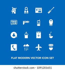 Modern, simple vector icon set on blue background with wax, book, work, electricity, space, avatar, travel, decoration, sign, construction, power, spoon, screwdriver, rainy, water, weather, menu icons