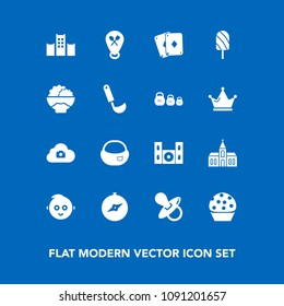 Modern, simple vector icon set on blue background with kid, summer, dessert, play, location, building, restaurant, photo, childhood, video, hotel, cinema, home, architecture, ice, church, food icons