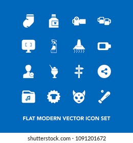 Modern, simple vector icon set on blue background with fashion, account, business, winter, ice, ball, food, ufo, clothes, sweet, care, socks, clothing, arrow, equipment, mouth, avatar, media icons