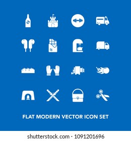 Modern, simple vector icon set on blue background with sword, health, bottle, apple, toy, equipment, sweet, comet, liquid, food, medical, home, fitness, pasta, fire, tool, box, sand, bag, white icons