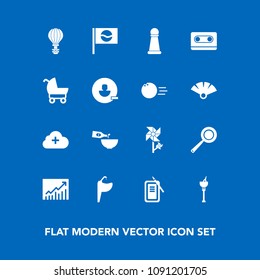 Modern, simple vector icon set on blue background with asia, flower, faucet, trend, cloud, dinner, pan, kitchen, sink, parachuting, drink, glass, game, japanese, water, food, parachute, business icons