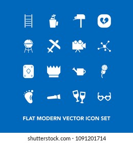 Modern, simple vector icon set on blue background with sound, equipment, audio, game, red, music, karaoke, post, hot, alcohol, hippie, gardening, style, foot, sunglasses, box, glasses, child icons