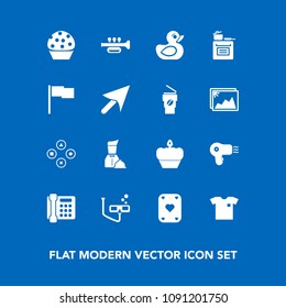 Modern, simple vector icon set on blue background with restaurant, scuba, white, hairdryer, dessert, computer, sweet, frame, rubber, mask, fun, fashion, communication, game, duck, photo, trumpet icons