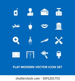 Modern, simple vector icon set on blue background with theater, liquid, avatar, cutlery, drink, laptop, flight, sky, clown, boat, profile, account, party, glass, food, restaurant, handle, zoom icons