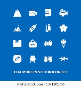Modern, simple vector icon set on blue background with sound, meat, grill, jump, music, nature, shipping, delivery, shop, insect, cake, sign, page, notebook, truck, pie, store, sky, clip, shirt icons