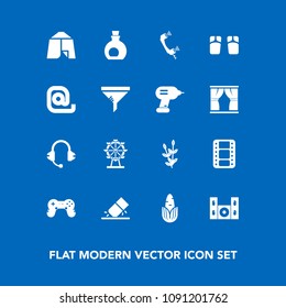 Modern, simple vector icon set on blue background with game, phone, harvest, speaker, eye, healthy, technology, white, play, london, entertainment, travel, carousel, film, joystick, summer, park icons