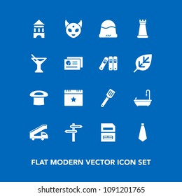 Modern, simple vector icon set on blue background with space, ufo, cooking, fashion, monster, direction, food, transport, glass, fiction, cap, save, summer, juice, file, celebration, sign, truck icons
