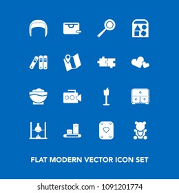Modern, simple vector icon set on blue background with chef, luggage, restaurant, laboratory, travel, cute, drawer, utensil, play, white, chemistry, handle, bear, file, research, pin, worker,  icons