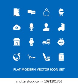 Modern, simple vector icon set on blue background with cute, paper, baby, championship, sale, barbecue, bag, grill, file, smart, airplane, vehicle, cloud, time, sign, competition, childhood, kid icons