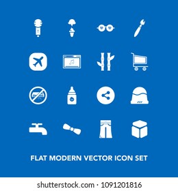 Modern, simple vector icon set on blue background with ice, plastic, machine, cube, social, sunglasses, pants, internet, milk, female, woman, nutrition, air, conditioner, button, song, style icons