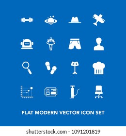 Modern, simple vector icon set on blue background with armchair, white, astronaut, aircraft, alcohol, diagram, airplane, data, slipper, fashion, interior, space, orchestra, pump, equipment, hat icons
