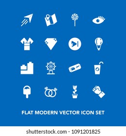 Modern, simple vector icon set on blue background with green, beauty, food, drink, flight, fly, sweet, plane, healthy, bear, icecream, finger, wheel, park, human, ball, juice, location, wedding icons