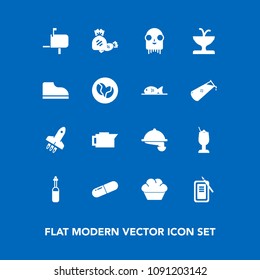 Modern, simple vector icon set on blue background with technology, equipment, cafe, alcohol, doughnut, bar, box, message, caffeine, dessert, food, fiction, laboratory, waitress, tool, rocket icons