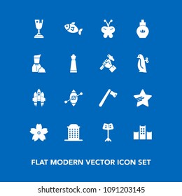 Modern, simple vector icon set on blue background with perfume, fish, spaceship, white, fashion, first, music, axe, flower, construction, beauty, cherry, house, spring, ship, place, butterfly icons