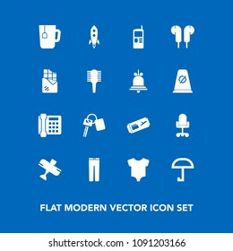 Modern, simple vector icon set on blue background with ticket, rocket, office, chair, auto, car, automobile, drink, key, phone, sweet, audio, cell, communication, vintage, vehicle, aircraft, air icons