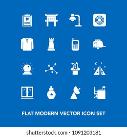 Modern, simple vector icon set on blue background with perfume, home, japanese, aroma, interior, molecule, bottle, table, work, clinic, tent, sign, chemistry, shrine, atom, dentistry, cabinet icons