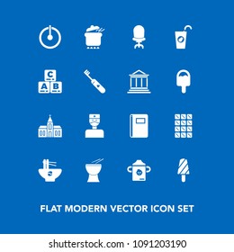 Modern, simple vector icon set on blue background with page, church, chocolate, doctor, music, bar, dessert, meal, religious, chinese, comfortable, dinner, fruit, summer, milk, book, bottle, off icons