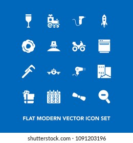 Modern, simple vector icon set on blue background with glass, toy, alcohol, sweet, hairdryer, launch, calendar, transport, wine, timetable, industrial, flight, plane, schedule, drink, locomotive icons