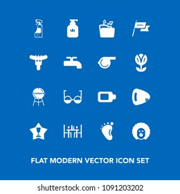 Modern, simple vector icon set on blue background with barbecue, cooking, eye, spray, first, hotdog, nation, bbq, hygiene, award, sausage, achievement, circus, dinner, newborn, small, patriotism icons