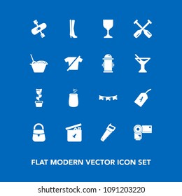 Modern, simple vector icon set on blue background with activity, construction, fashion, play, photo, wine, bear, paddle, chinese, bag, happy, sign, alcohol, water, technology, kayak, music, oar icons