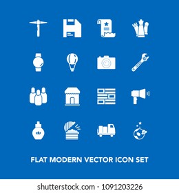 Modern, simple vector icon set on blue background with parachute, science, perfume, beauty, piece, ball, hammer, paper, king, sale, communication, gadget, smart, aroma, spaceship, file, diskette icons