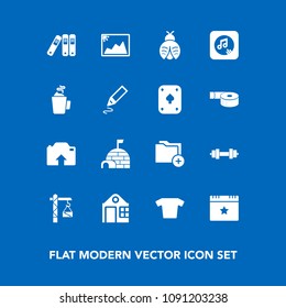 Modern, simple vector icon set on blue background with snow, folder, celebration, butterfly, fitness, equipment, data, fly, clothes, hot, arctic, lady, office, igloo, bug, estate, photo, drink icons