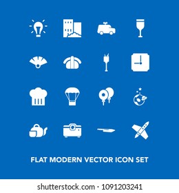 Modern, simple vector icon set on blue background with real, hot, restaurant, drink, craft, child, celebration, alcohol, energy, japanese, wine, car, spaceship, astronaut, space, idea, childhood icons