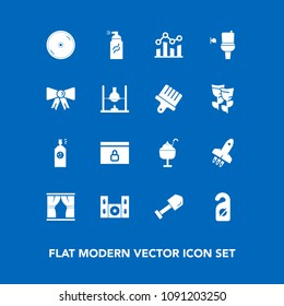Modern, simple vector icon set on blue background with sweet, cinema, abstract, restroom, disk, rocket, privacy, launch, motel, food, paint, grunge, graph, home, street, equipment, hotel, toilet icons