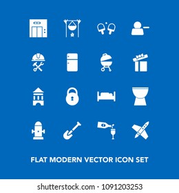 Modern, simple vector icon set on blue background with bonfire, office, tower, campfire, drink, shovel, bed, percussion, craft, alcohol, sport, water, security, music, safety, game, fire icons