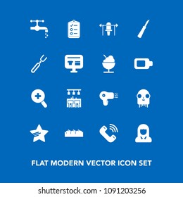 Modern, simple vector icon set on blue background with tap, face, button, hairdryer, bathroom, checklist, weight, fruit, sink, young, apple, knife, fitness, monster, sport, phone, girl, box, bar icons