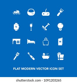 Modern, simple vector icon set on blue background with pan, package, desk, bedroom, bag, bow, play, shower, business, brochure, object, work, bath, rucksack, vessel, joystick, clean, home, boat icons
