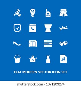 Modern, simple vector icon set on blue background with percussion, shorts, elevator, paint, newspaper, restaurant, dress, helmet, location, industry, security, builder, shoe, white, chief, sign icons