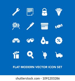 Modern, simple vector icon set on blue background with spanner, drink, write, celebration, sign, cuisine, text, binocular, box, floral, ice, tool, sake, fashion, food, percent, present, flower icons