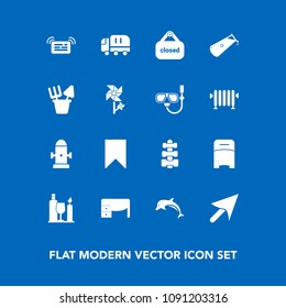 Modern, simple vector icon set on blue background with delivery, work, transport, store, truck, cursor, hydrant, business, furniture, message, plastic, banner, dolphin, bed, notification, web icons