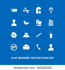 Modern, simple vector icon set on blue background with wildlife, user, comet, cafe, monster, account, glass, espresso, childhood, space, cut, communication, lava, profile, ufo, caffeine, cold icons