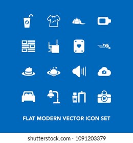 Modern, simple vector icon set on blue background with energy, music, care, fresh, kid, clothing, battery, cloud, news, vehicle, globe, xray, fruit, car, baby, healthy, clean, volume, home, hat icons