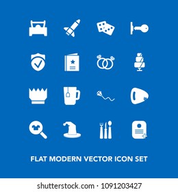 Modern, simple vector icon set on blue background with tea, clothing, music, success, cup, circus, launch, knife, joy, gambling, king, sign, restaurant, identity, key, favour, house, sky, drink icons