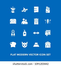 Modern, simple vector icon set on blue background with happy, mountain, gym, wood, alien, monster, landscape, fitness, red, book, training, station, vacation, food, space, person, equipment, kid icons