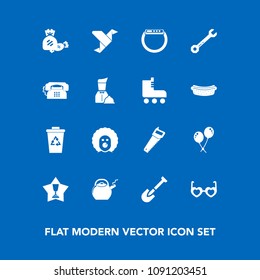 Modern, simple vector icon set on blue background with celebration, birthday, circus, style, kitchen, creative, achievement, sweet, lollipop, saw, equipment, winner, gadget, character, fashion icons