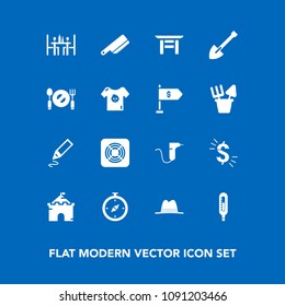 Modern, simple vector icon set on blue background with pen, clinic, dentist, torii, stationery, cutlery, equipment, tower, castle, fork, currency, travel, drill, tool, north, construction, sign icons