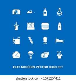 Modern, simple vector icon set on blue background with bottle, warm, liquid, drink, laboratory, armchair, tool, bed, interior, bedroom, furniture, comfortable, Christmas icons