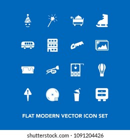 Modern, simple vector icon set on blue background with celebration, danger, water, hot, sound, road, dessert, dvd, cup, food, beverage, bucket, trumpet, cd, air, drink, clown, fun icons