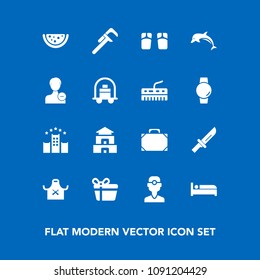Modern, simple vector icon set on blue background with fashion, cutlery, present, industrial, nature, ocean, beach, gift, box, tool, restaurant, temple, food, asia icons