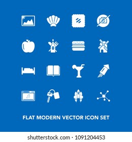 Modern, simple vector icon set on blue background with furniture, music, post, rocket, nature, celebration, technology, vehicle, molecule, stamp, martini, double, shell, event, automobile, mail icons